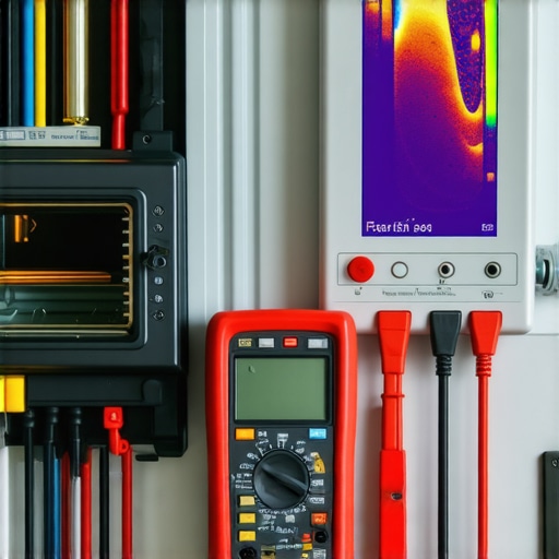 Technician using multimeter and thermal camera to troubleshoot oven wiring.
