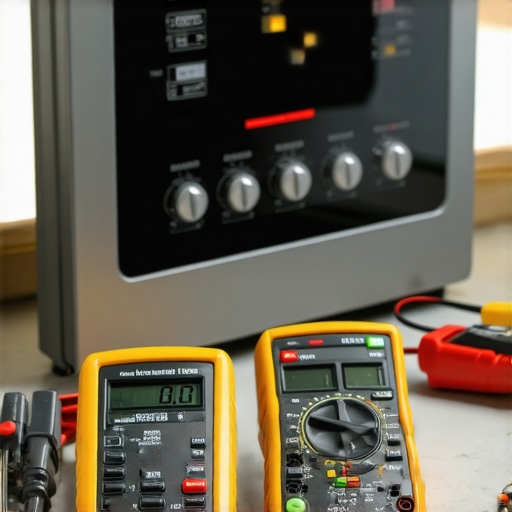 Oven control panel with diagnostic tools and multimeter during repair