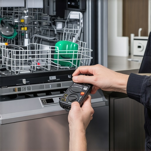 Technician testing dishwasher control board with multimeter in kitchen