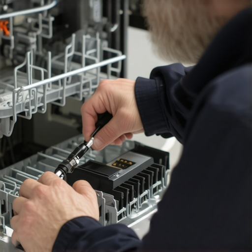 Technician inspecting dishwasher control board with diagnostic tools