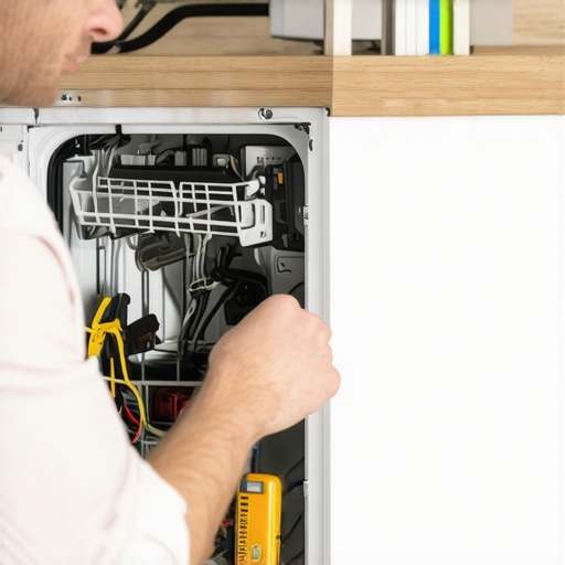 Technician using multimeter to diagnose dishwasher electrical issues