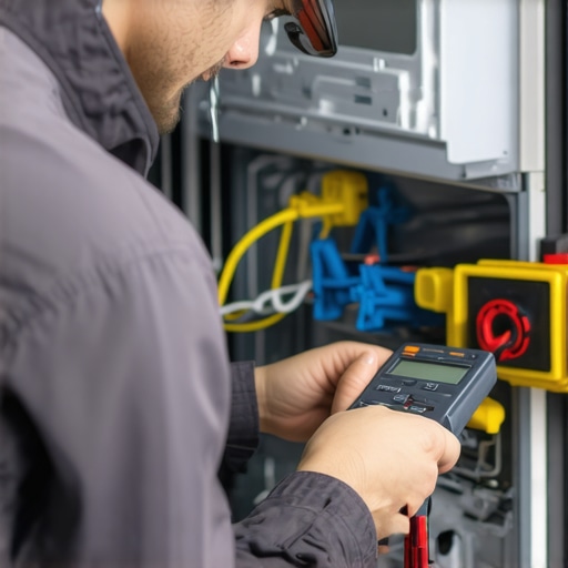 Expert Sensor Testing in Dishwasher Diagnostics Technician testing dishwasher sensors with multimeter, detailed wiring and components