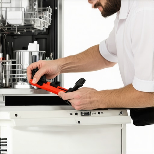 Technician inspecting dishwasher components with diagnostic tools