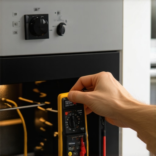 Person testing oven wiring with multimeter in kitchen
