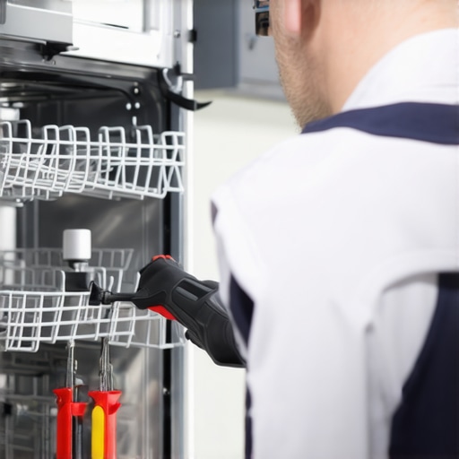 Technician using diagnostic tools on dishwasher control panel