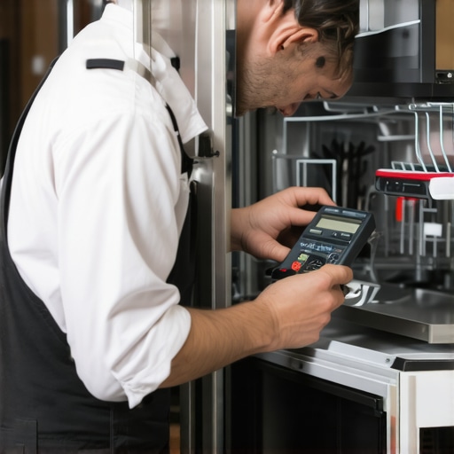 Technician testing dishwasher control panel with multimeter for troubleshooting