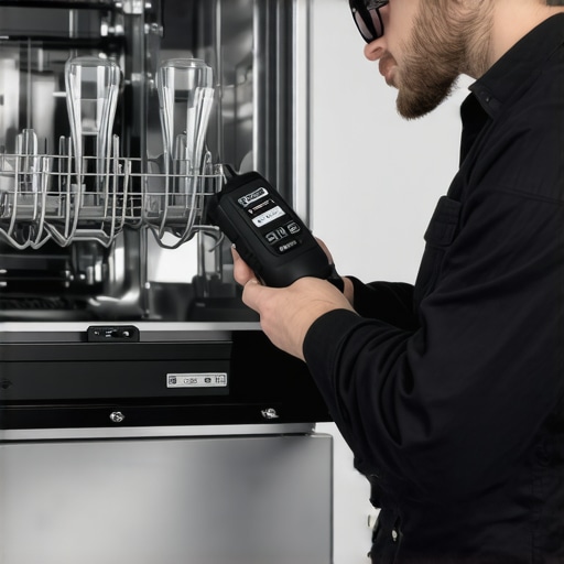 Expert Dishwasher Diagnostic Inspection Technician testing dishwasher control panel with multimeter and diagnostic tools