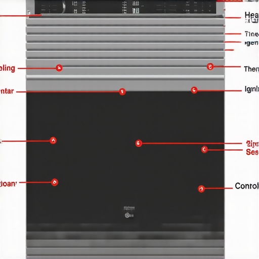 Illustration of oven parts including heating element, thermostat, igniter, and control board for troubleshooting guidance