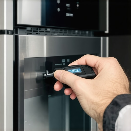 Technician testing smart oven sensor with diagnostic device