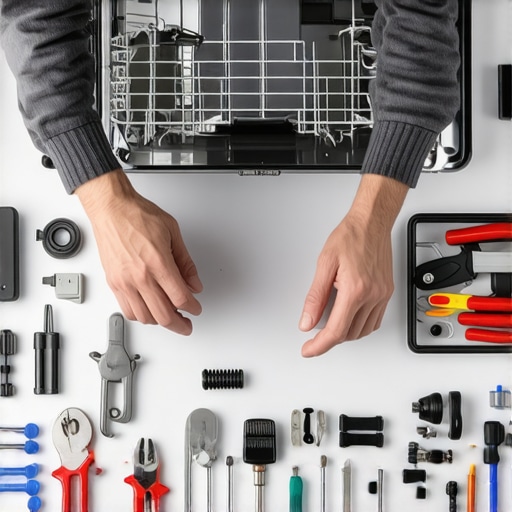 A person inspecting a dishwasher with diagnostic tools and parts laid out on a worktable.