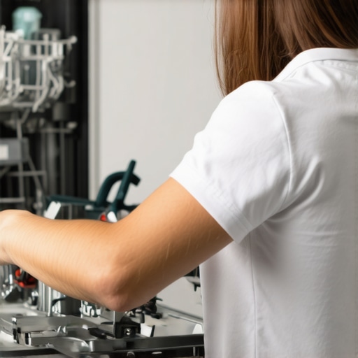 Person inspecting dishwasher parts during repair