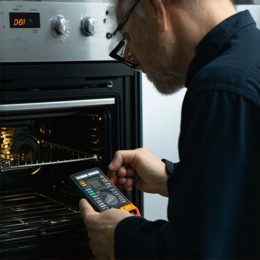 Technician testing oven thermostat and control board with multimeter