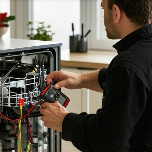 Technician testing dishwasher's electrical components in kitchen