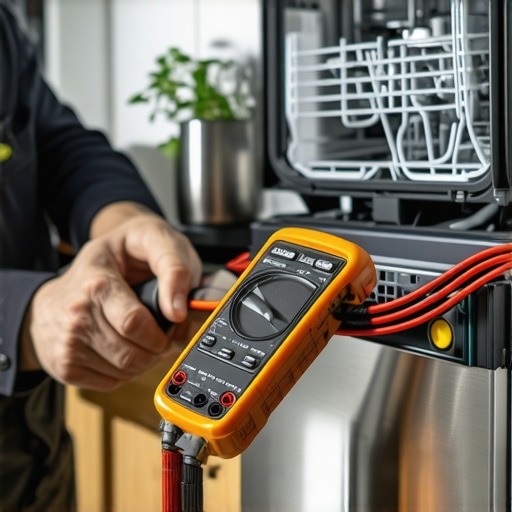 Technician testing dishwasher float switch with multimeter in kitchen.