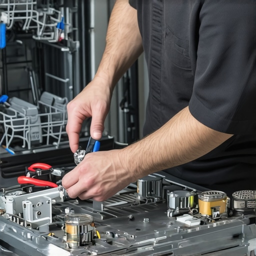 Technician testing dishwasher parts with diagnostic tools for repairs.