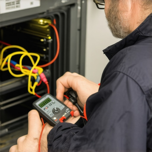 Technician testing oven wiring and sensors with a multimeter during repair