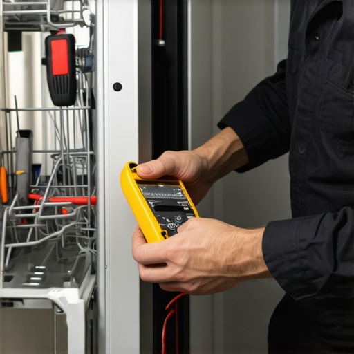 Technician testing dishwasher electrical components with a multimeter.