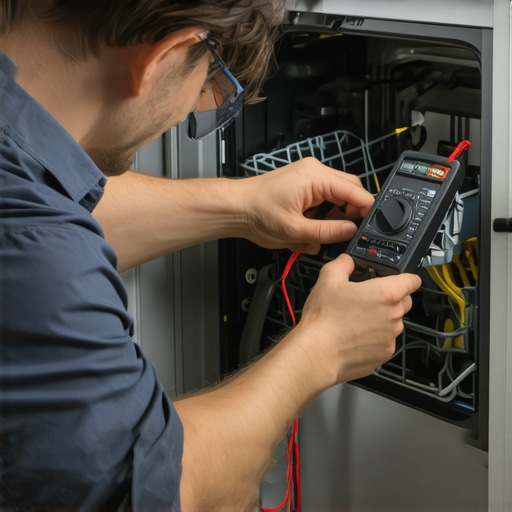 Technician testing dishwasher wiring with multimeter in kitchen.