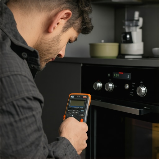 Technician testing oven control board with a multimeter in a modern kitchen