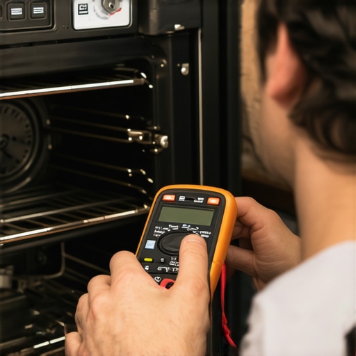 Technician testing oven's heating element using a multimeter for diagnostics
