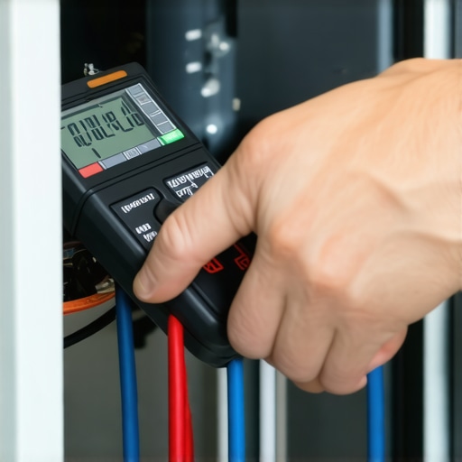 Person testing dishwasher wiring with a multimeter, close-up shot.