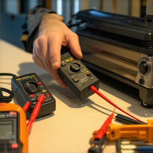 Technician testing oven components with a multimeter in a workshop.