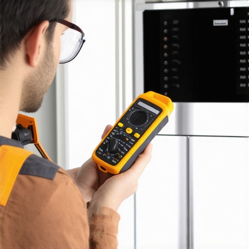 Technician inspecting oven wiring with multimeter and thermal camera.