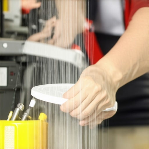 Person cleaning dishwasher parts with brushes and tools.