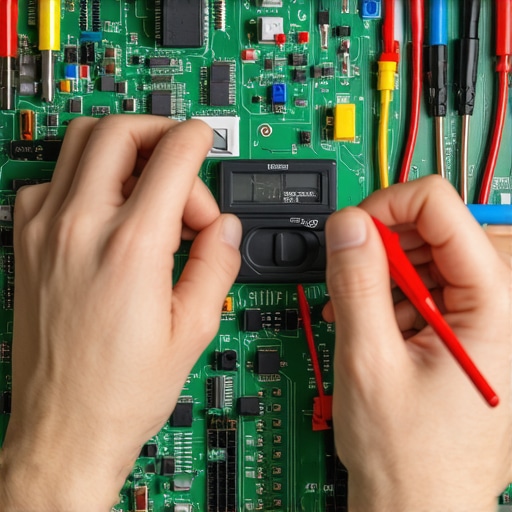 Technician testing a dishwasher's control board with a multimeter for diagnostics