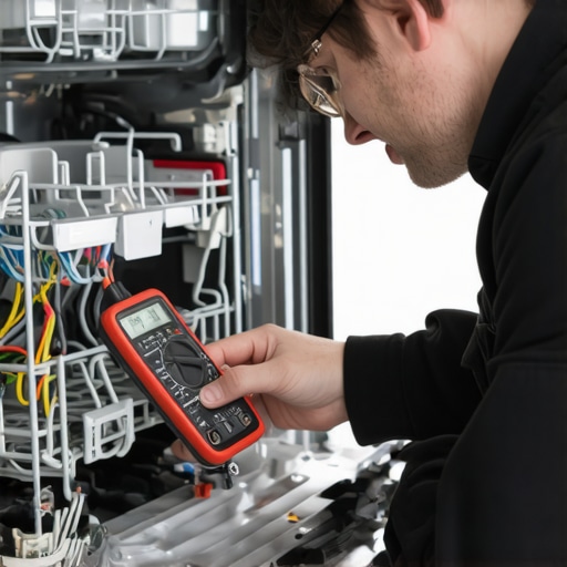Technician using multimeter on dishwasher control panel in kitchen.