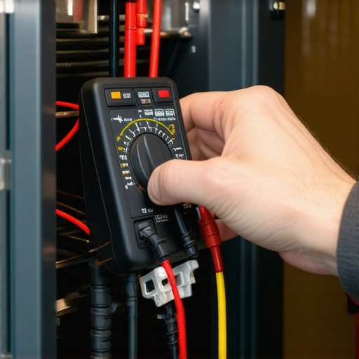 Technician testing oven's heating element and control board with a multimeter in a modern kitchen