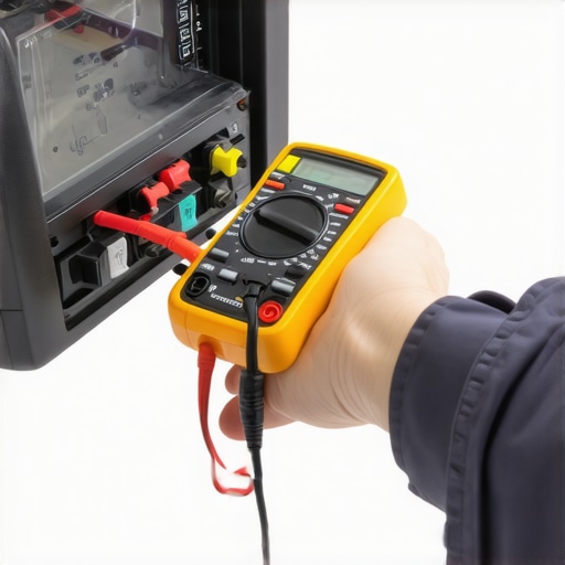 Technician using multimeter to test appliance control circuit for faults