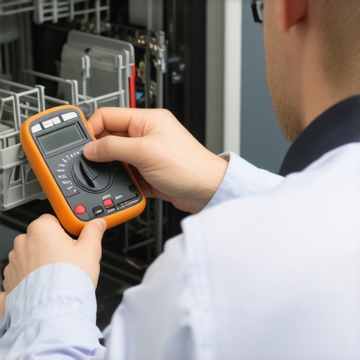 Dishwasher Troubleshooting with Multimeter Technician testing dishwasher parts with a multimeter during repair