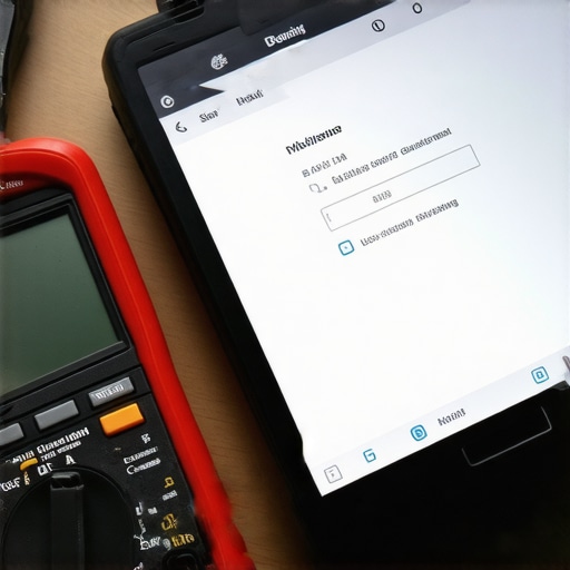 Hand holding a multimeter and using a borescope to inspect an appliance.
