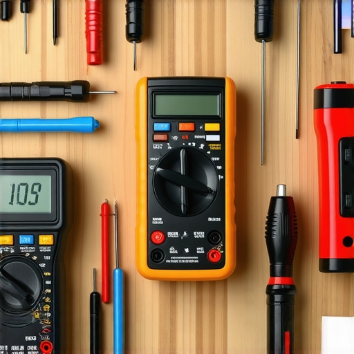 Organized tools including multimeter, screwdrivers, and flashlight on a repair workbench.