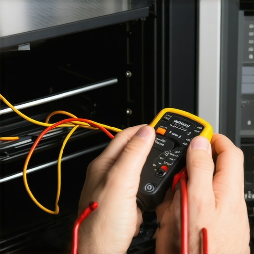 Homeowner testing oven wiring with multimeter in repair process