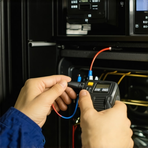Technician using multimeter to test oven components