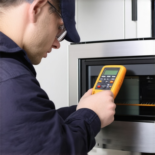 Technician using multimeter and infrared thermometer to diagnose oven issues.