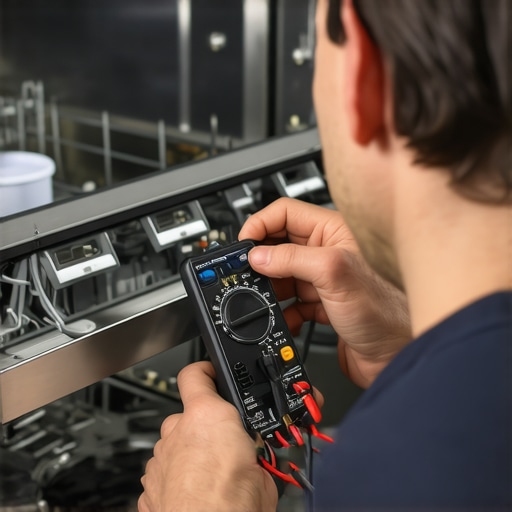 Technician using multimeter on dishwasher control panel to diagnose electronic issues.