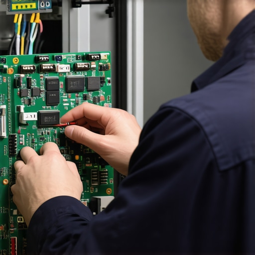 Technician examining an appliance control board for faults, with tools in hand.
