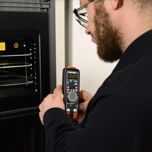 Diagnostic Tools for Appliance Maintenance Technician testing an oven's control panel with a multimeter and infrared thermometer.
