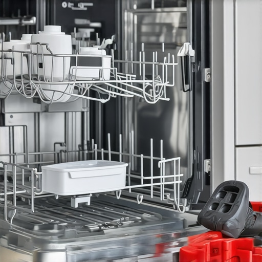 Close-up of a dishwasher's detergent dispenser with repair tools