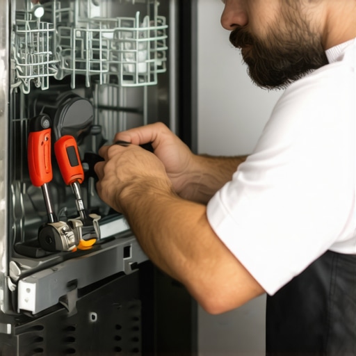 Technician checking dishwasher's inlet valve for corrosion and damage.