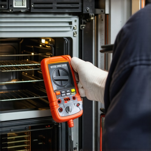 Technician diagnosing oven with multimeter for reliable performance