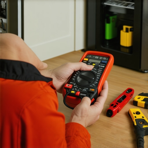 Person using a multimeter and thermal camera for appliance maintenance