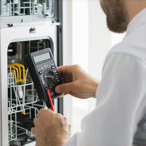 Technician testing dishwasher door switch using a multimeter to ensure proper function.