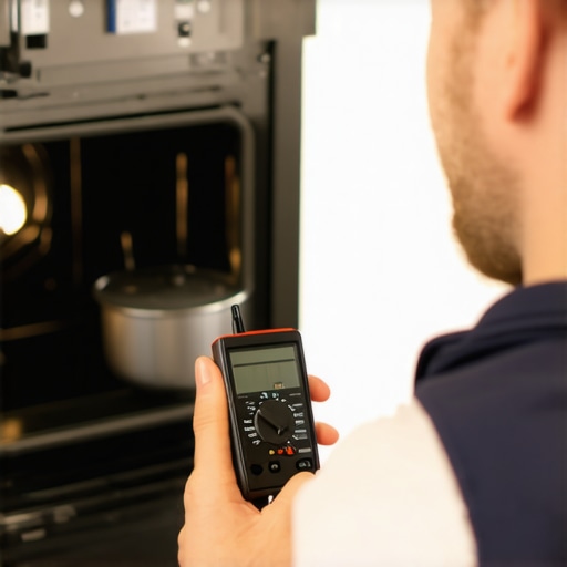 A technician checks the oven's fan motor wiring with a multimeter inside the appliance.