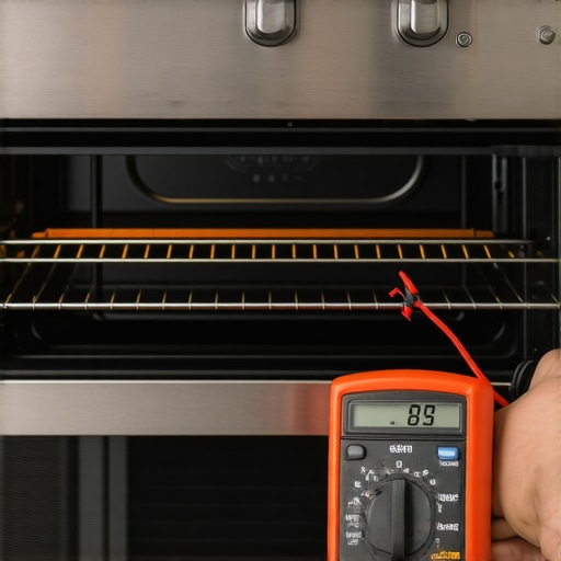 Technician testing oven heating element with a multimeter in a clean, modern kitchen.
