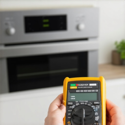 A person testing an oven temperature sensor using a multimeter in a home kitchen