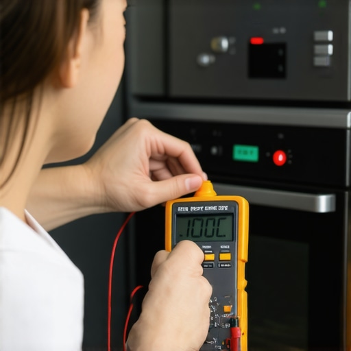 Person measuring oven sensor resistance using multimeter in kitchen.